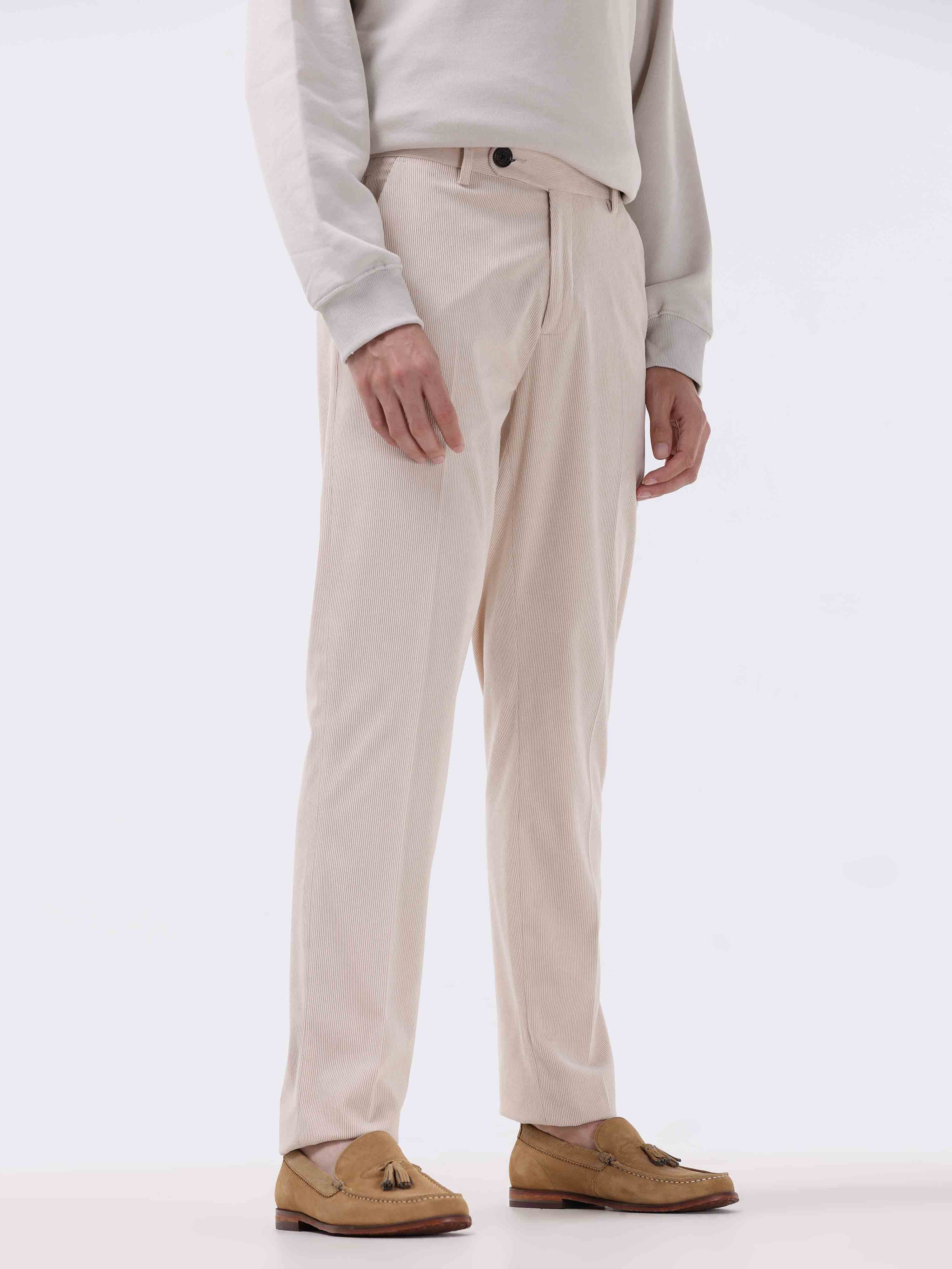 Buy Men Cream Textured Slim Fit Trousers Online - 759340 | Van Heusen